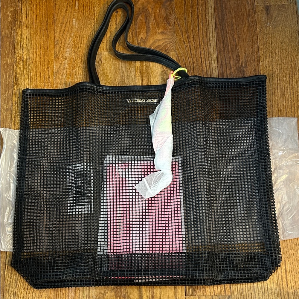 NWT Victoria's Secret Black Mesh Beach Bag Tote w/ Small Pink Canvas Pouch